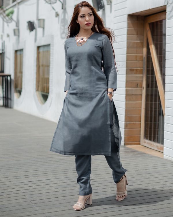 Grey cotton kurta and tapered pants - Set Of Two by Half Full Half ...