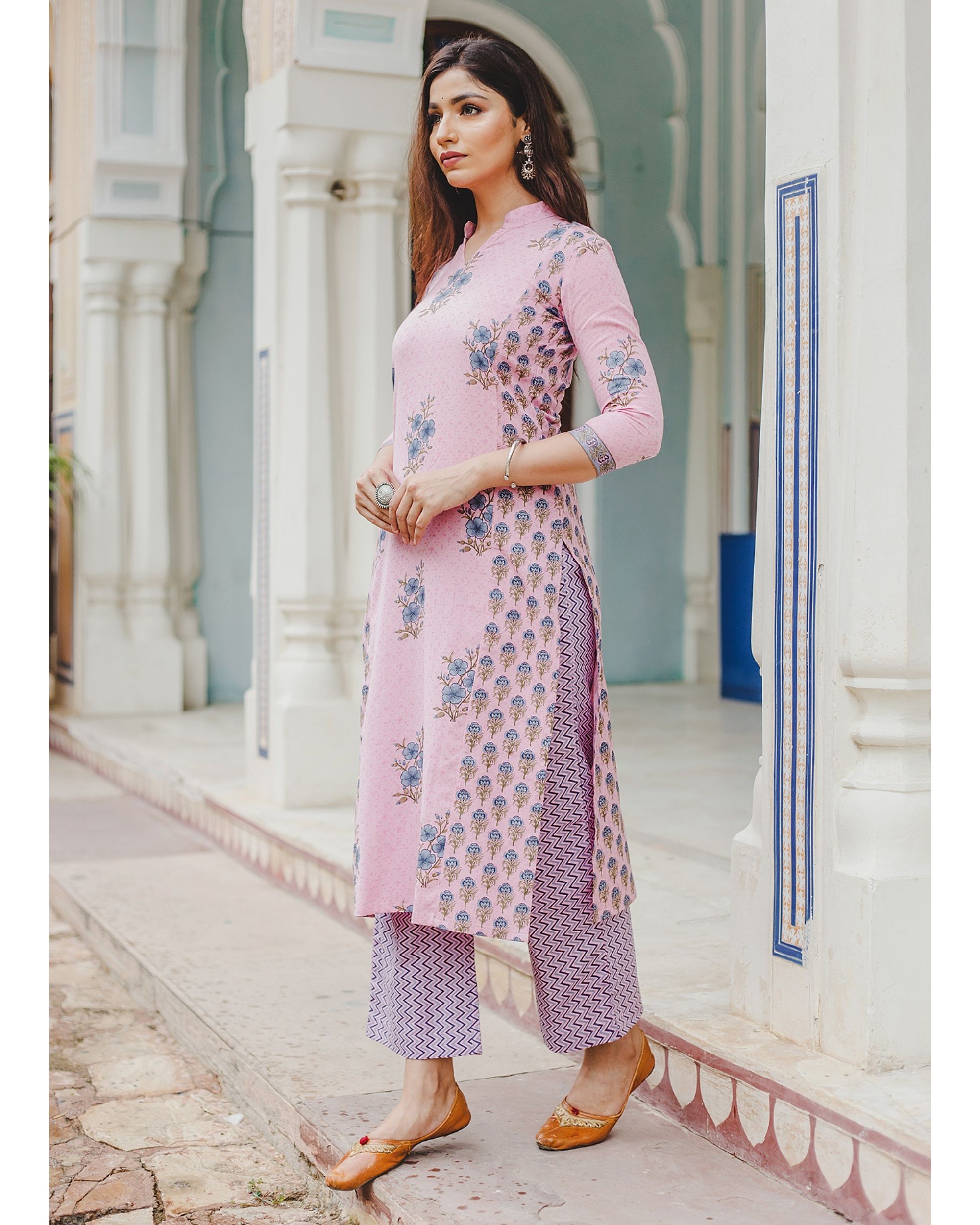 Blush pink mughal butta hand block printed kurta and palazzo set - set ...