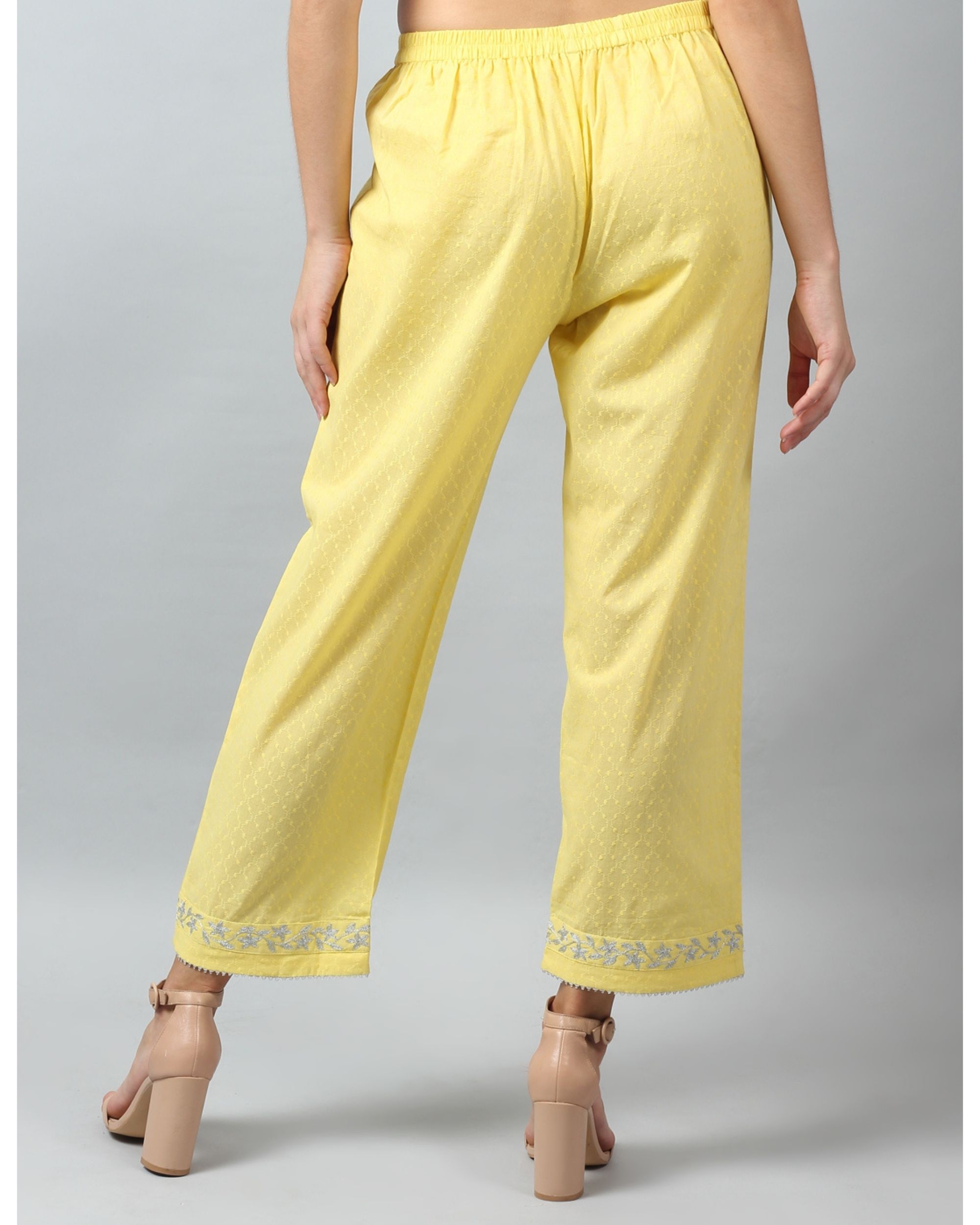Plain Ladies Light Yellow Lycra Cotton Lucknowi Pant Waist Size 320