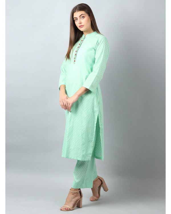 Sea green floral embroidered mandarin kurta and pants - Set Of Two 2