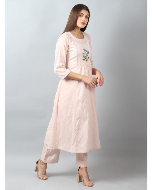 Peach and blue floral embroidered gathered yoke kurta and pants - Set Of Two 2