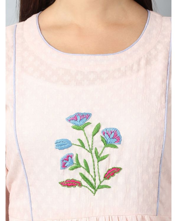 Peach and blue floral embroidered gathered yoke kurta and pants - Set Of Two 3