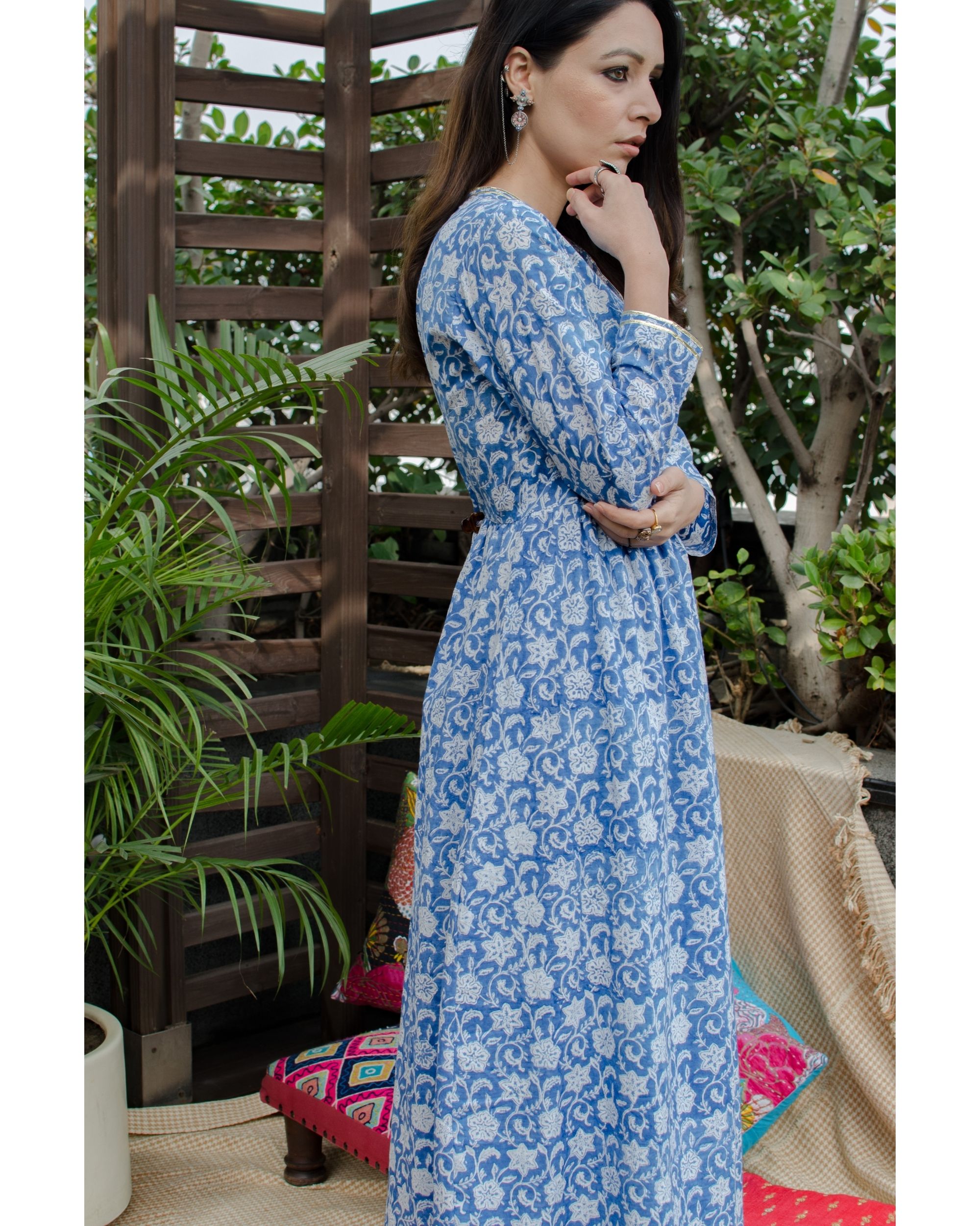Blue and white floral jaal angrakha dress by Heer India | The Secret Label