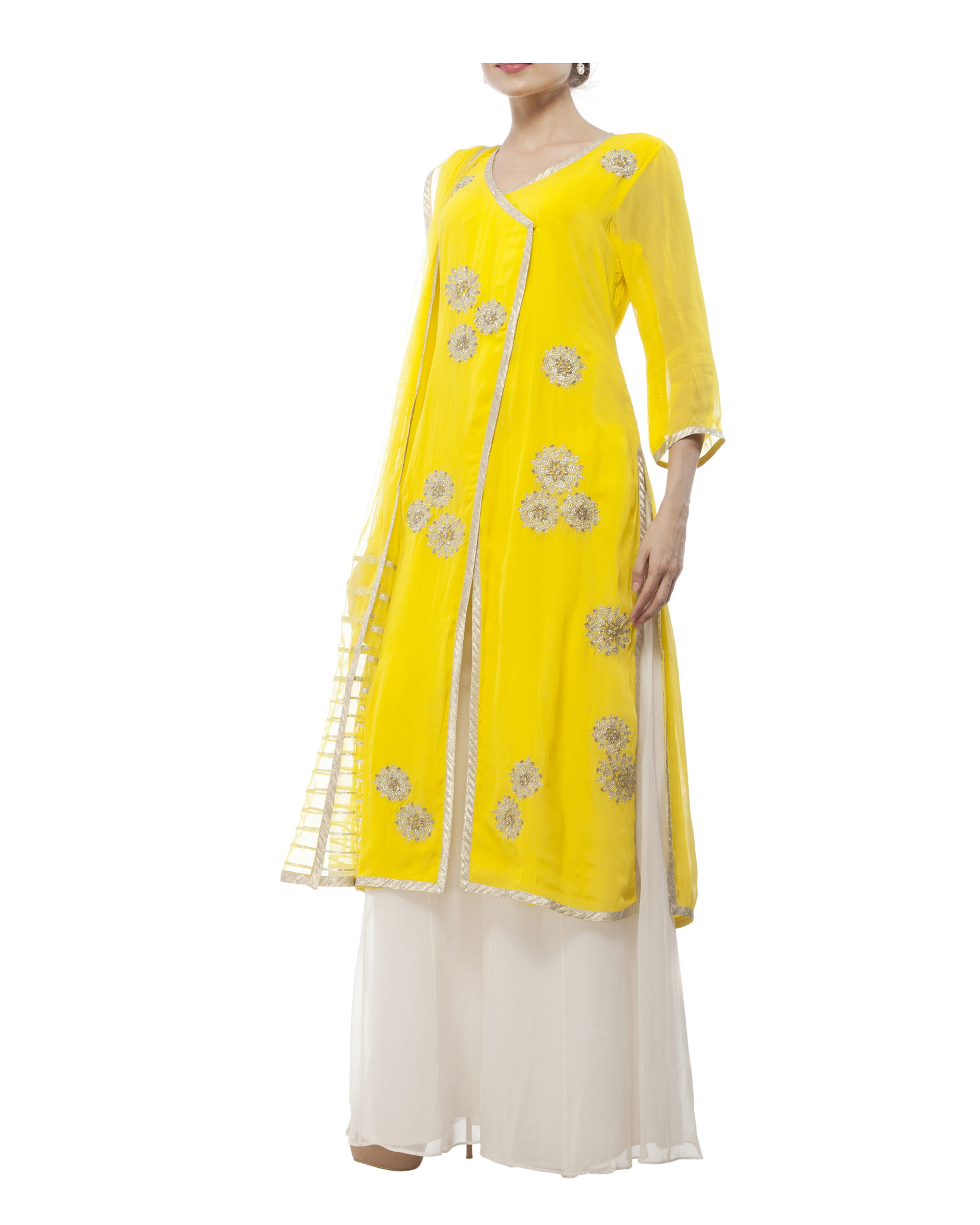 Yellow Embroidered Wrap kurta set by Amrita Thakur The Secret Label
