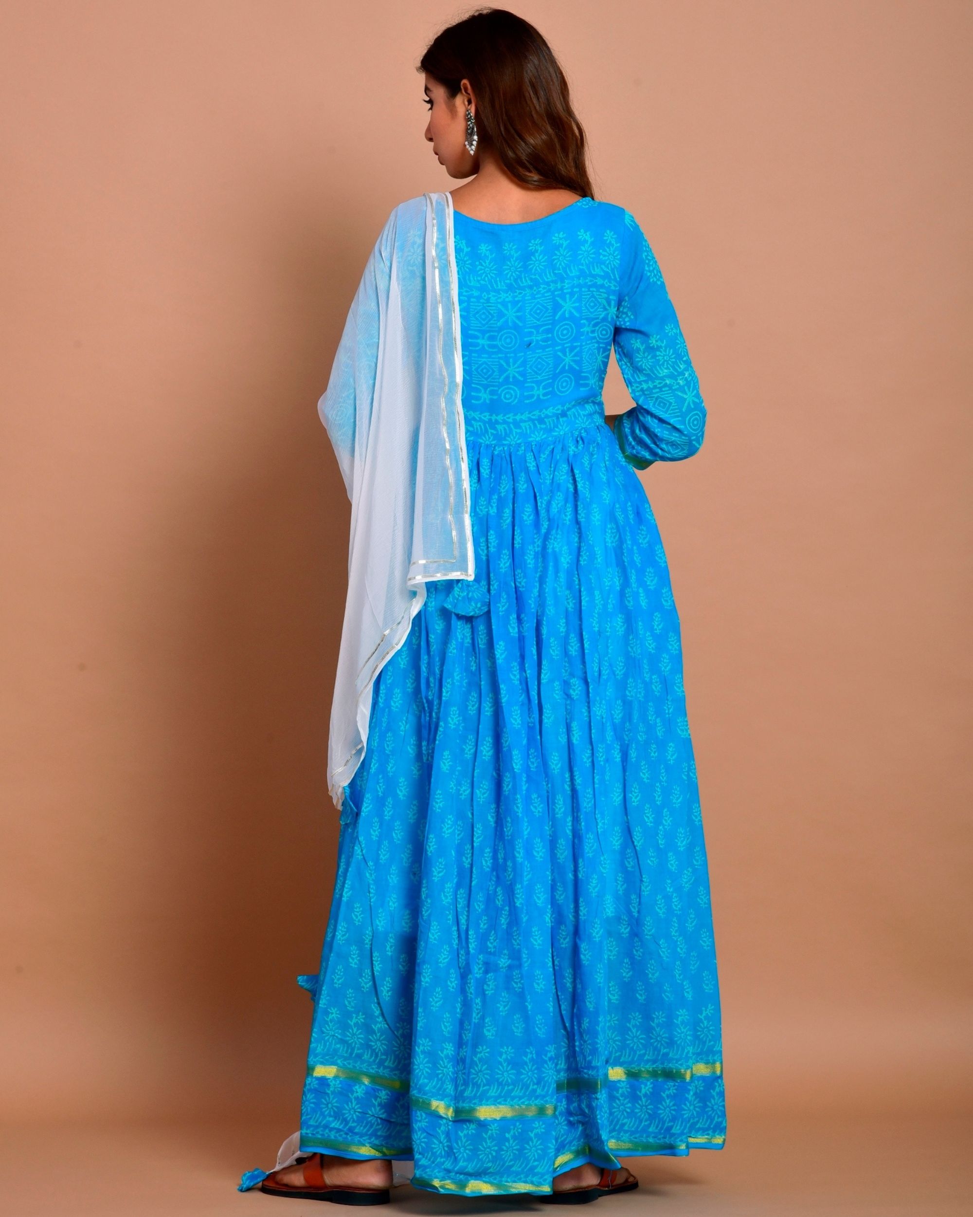 Deep blue floral block printed gota dress with dupatta Set Of Two by