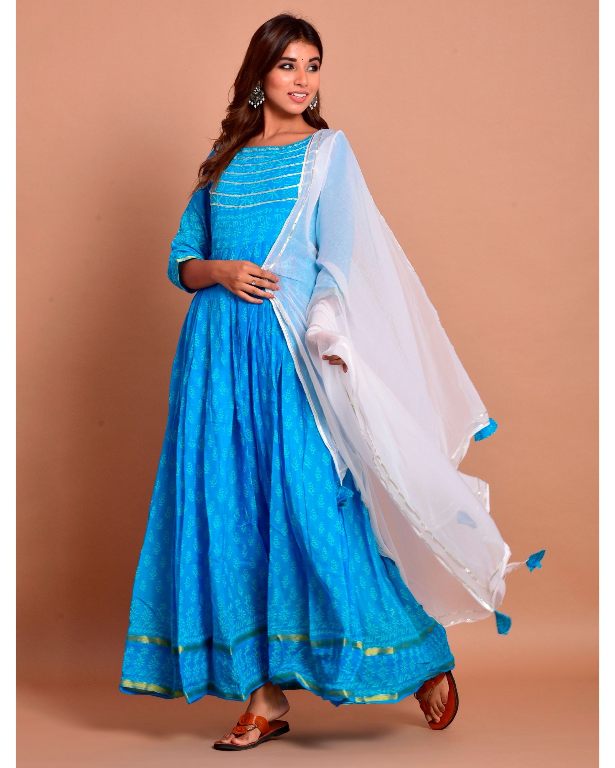 Deep blue floral block printed gota dress with dupatta Set Of Two by