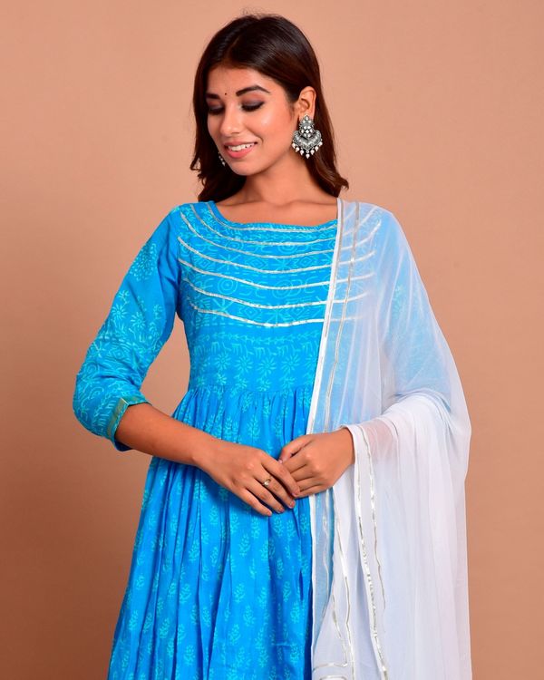 Deep blue floral block printed gota dress with dupatta Set Of Two by