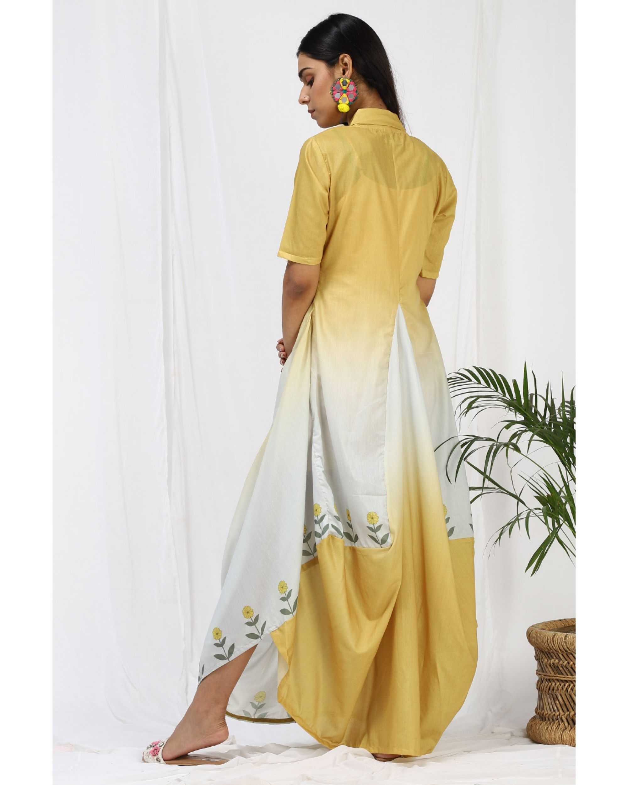 Mustard yellow floral cowl maxi dress by Miar | The Secret Label