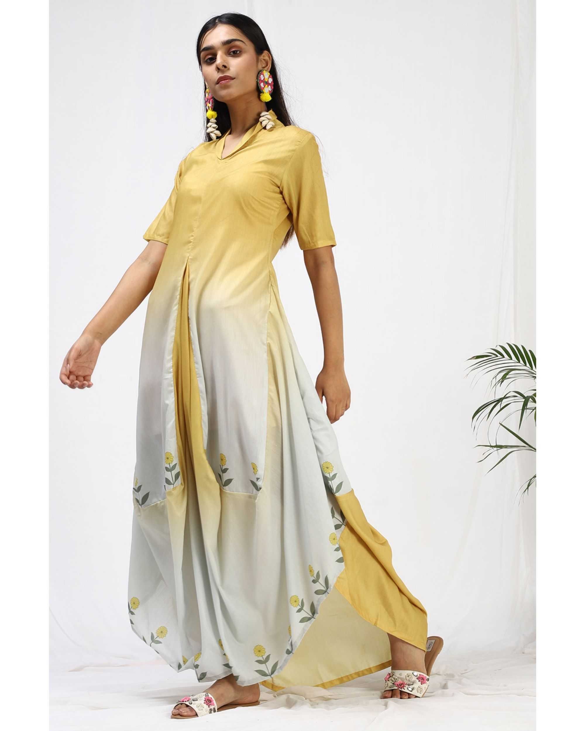 Mustard yellow floral cowl maxi dress by Miar | The Secret Label