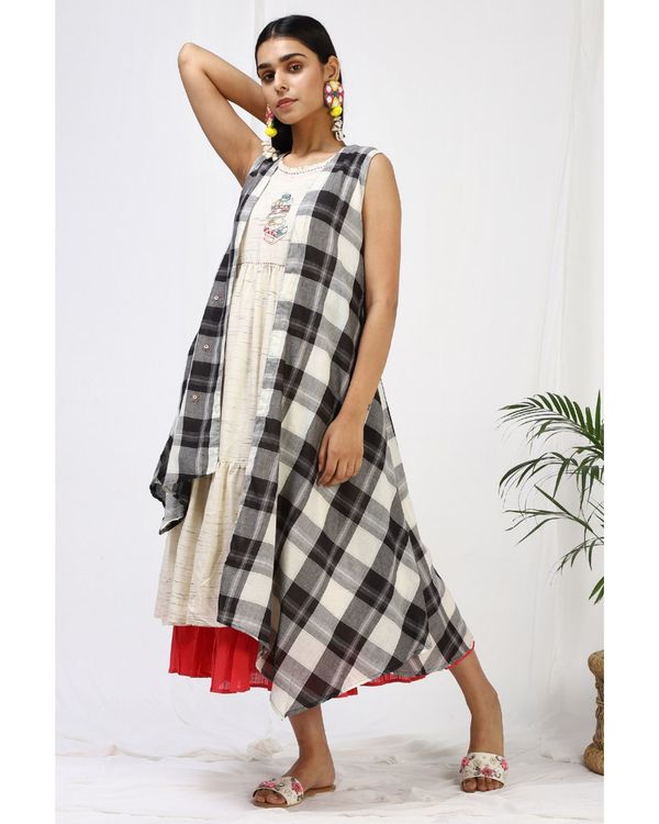Grey checkered jacket with embroidered off white dress and inner slip - Set Of Three 2