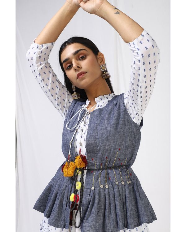 Denim blue embroidered jacket with printed dress - Set Of Two 3