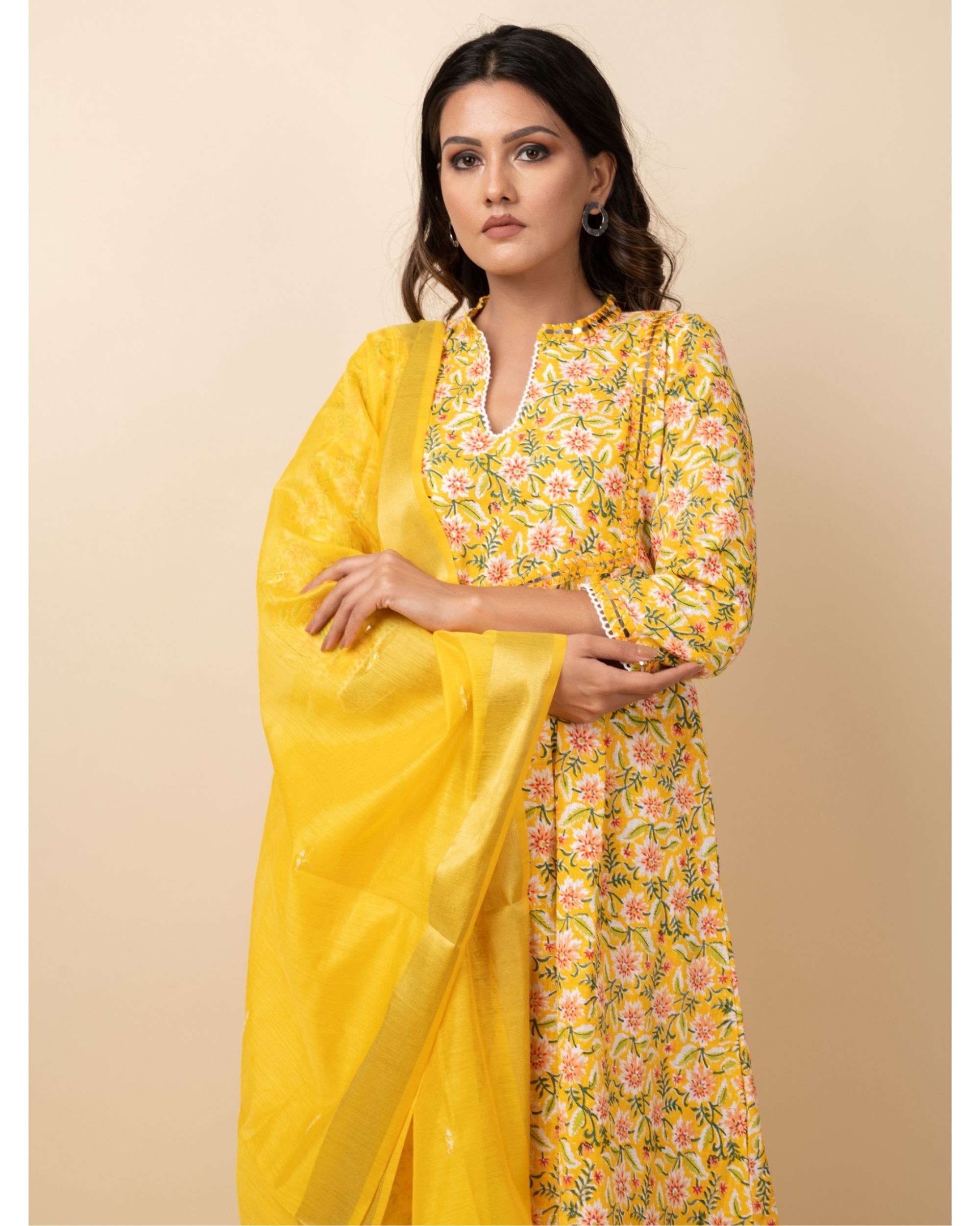 Yellow floral jaal printed yoke kurta and palazzo with chanderi dupatta ...