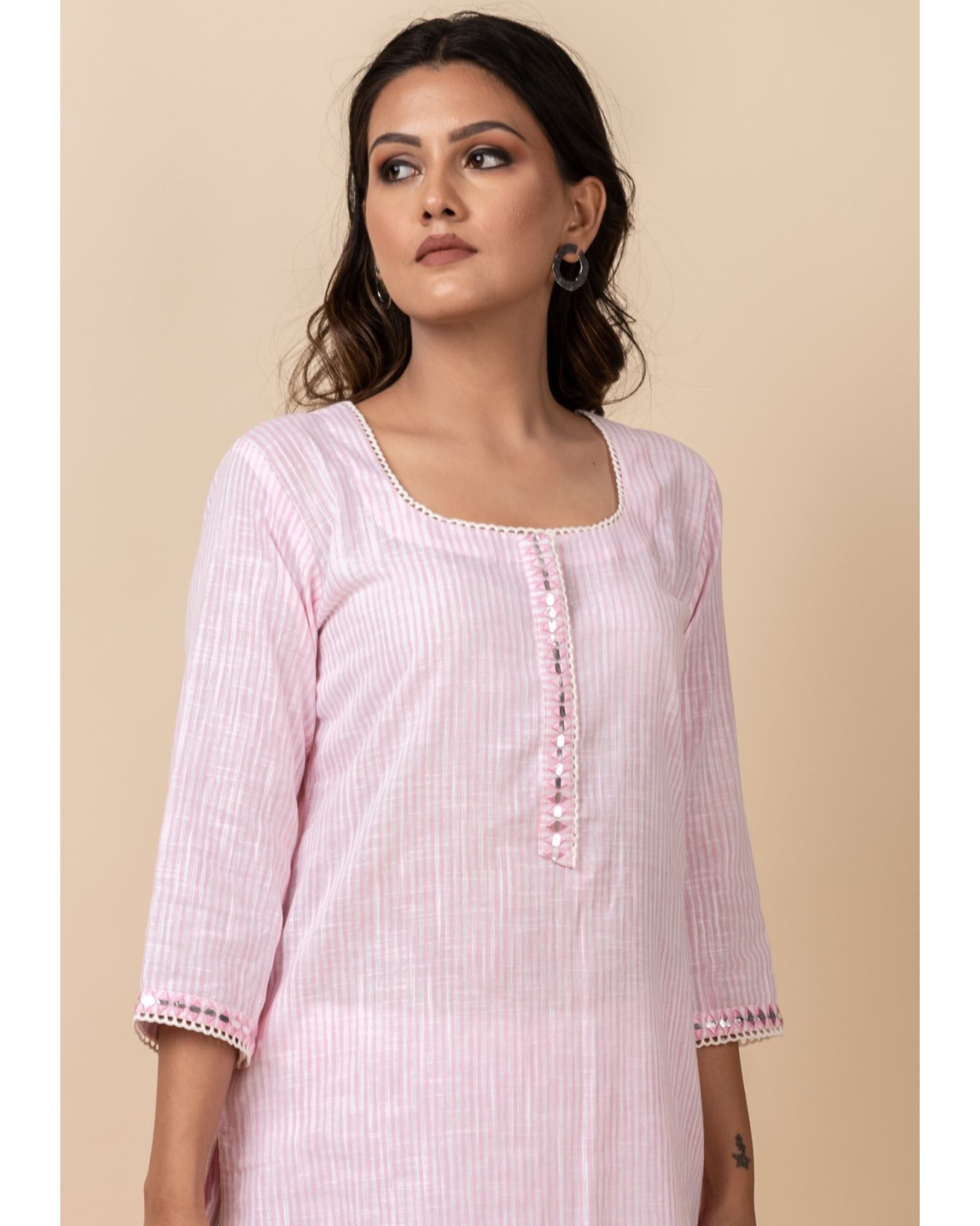 Light pink striped kurta and pants with dupatta - Set Of Two by ...
