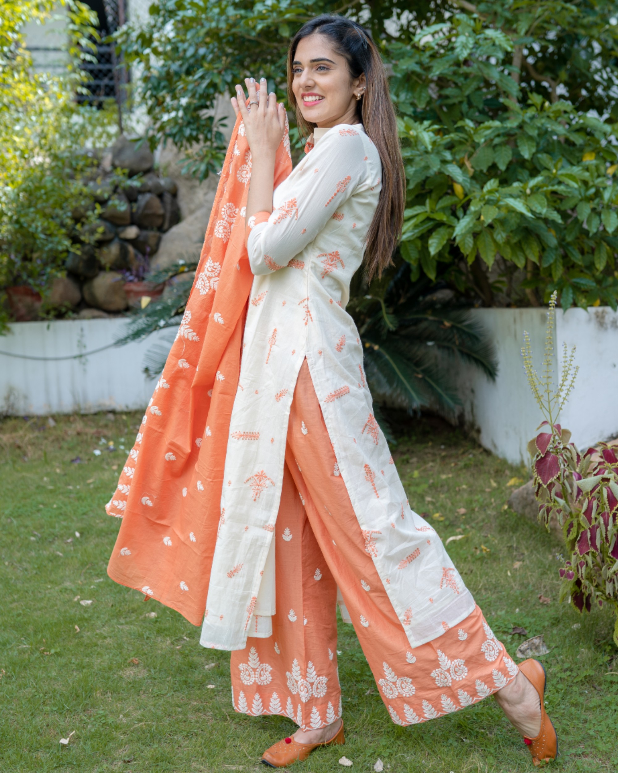 Off white and tangerine embroidered kurta and pants - Set Of Two by The  Weave Story