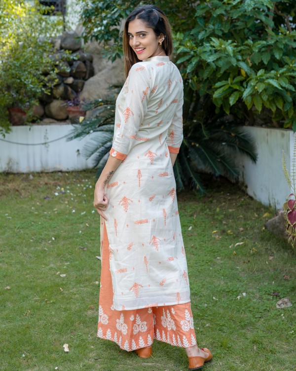 Off white and tangerine embroidered kurta and pants - Set Of Two 1