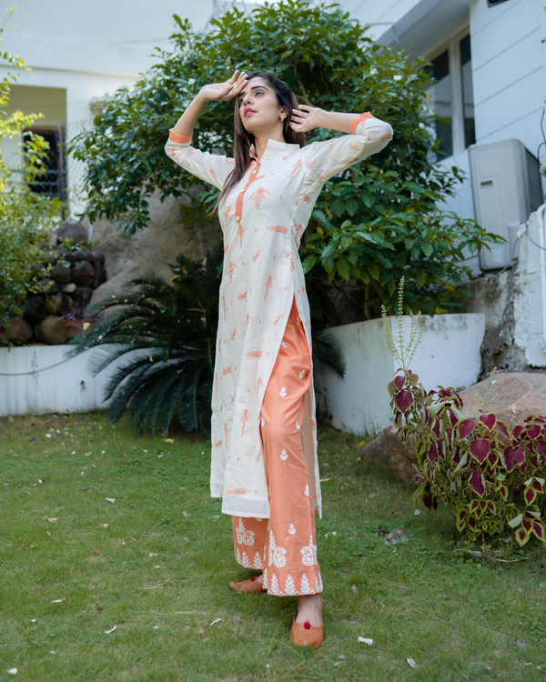 Off white and tangerine embroidered kurta and pants - Set Of Two 2