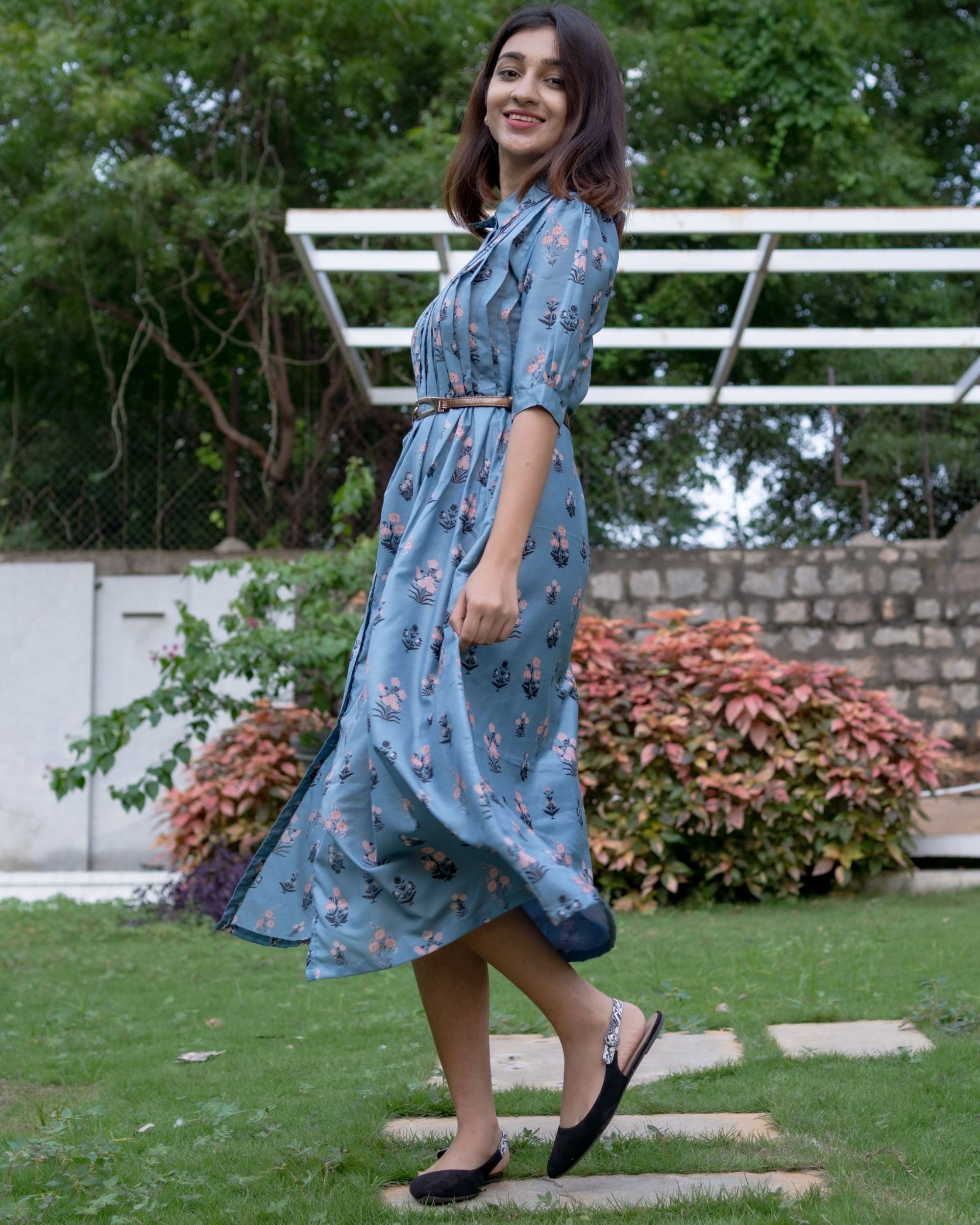 Dark pastel blue floral printed front open dress by Desi Doree
