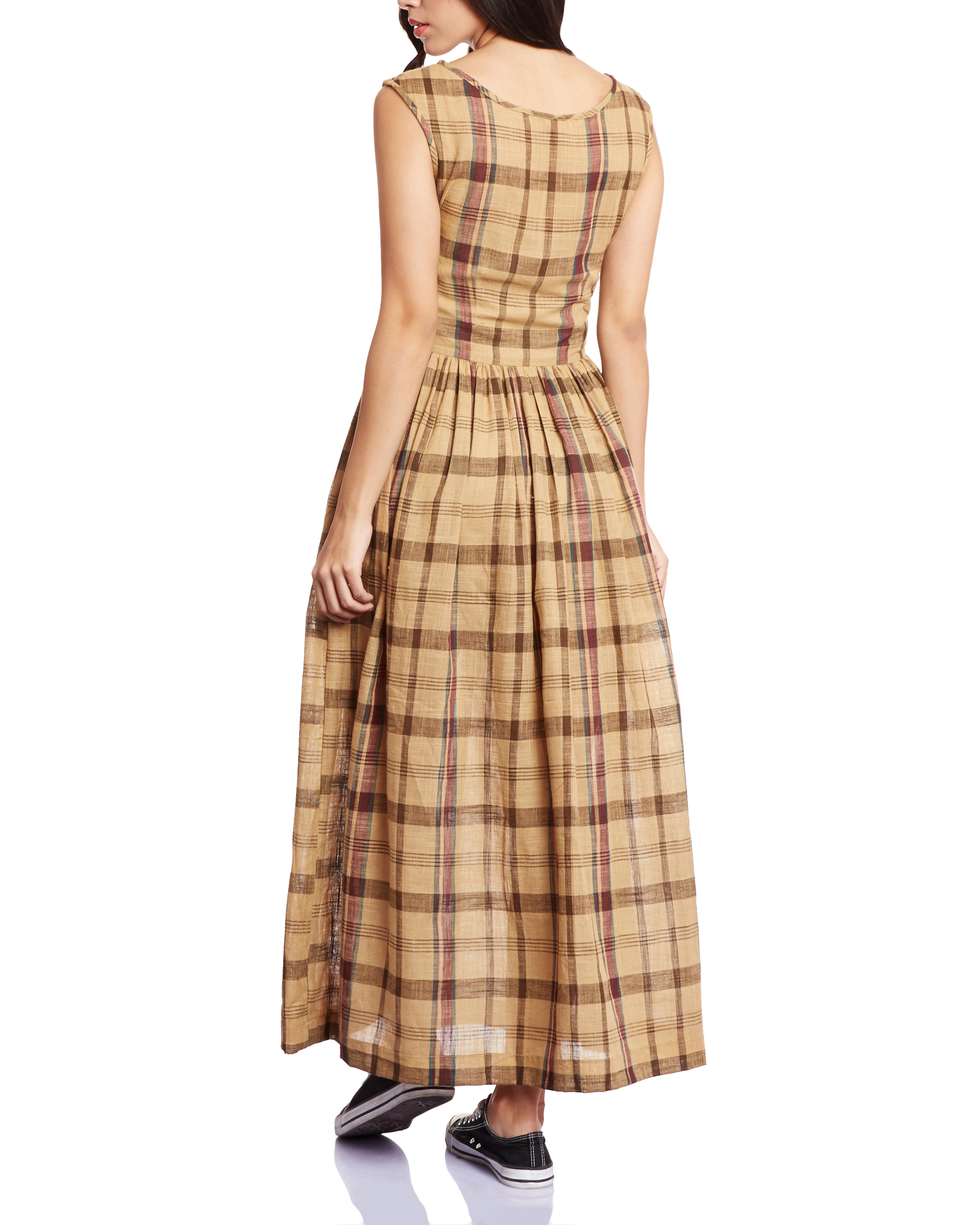 Checekred beige pleated maxi by Bhava | The Secret Label