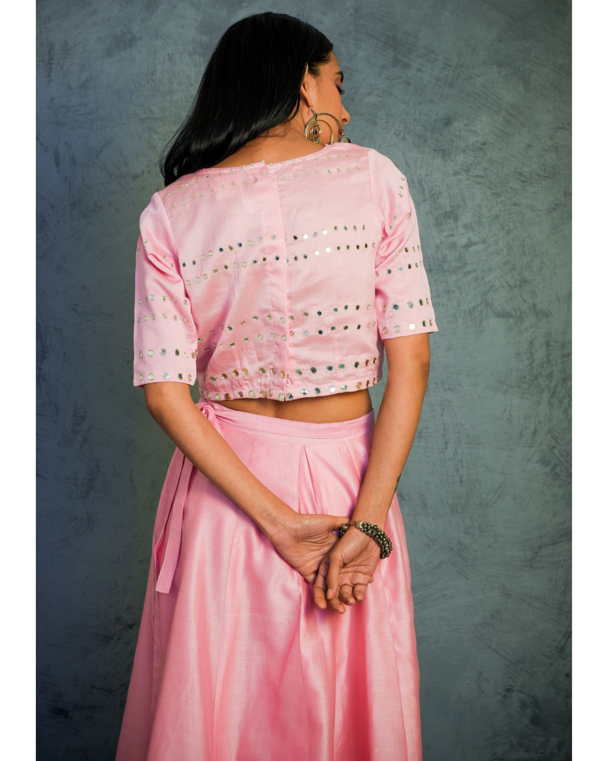 Light pink mirror work lehenga with crop top and dupatta - Set Of Three by  Charkhee Women