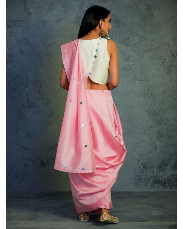 Light pink mirror work chanderi sari with cream blouse Set Of Two by