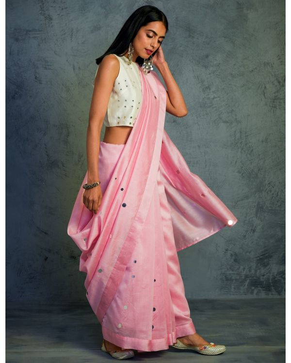 Light pink mirror work chanderi sari with cream blouse Set Of Two by