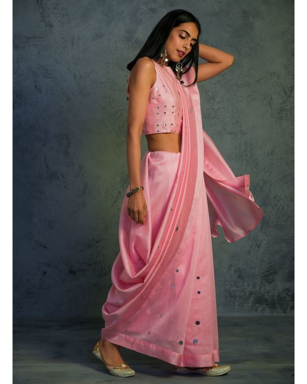 Light pink mirror work chanderi sari with blouse Set Of Two by