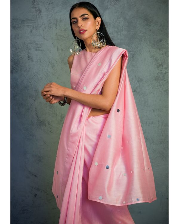 Light pink mirror work chanderi sari with blouse Set Of Two by