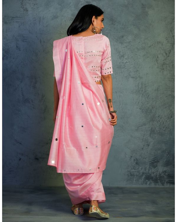 Light pink mirror work chanderi sari with mirror work blouse Set Of