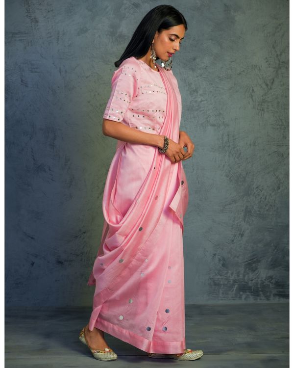 Light pink mirror work chanderi sari with mirror work blouse Set Of