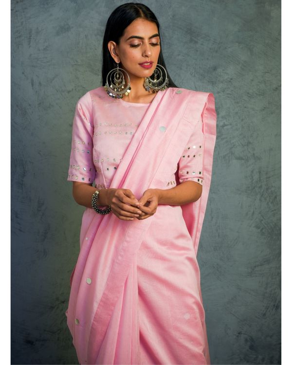 Light pink mirror work chanderi sari with mirror work blouse Set Of