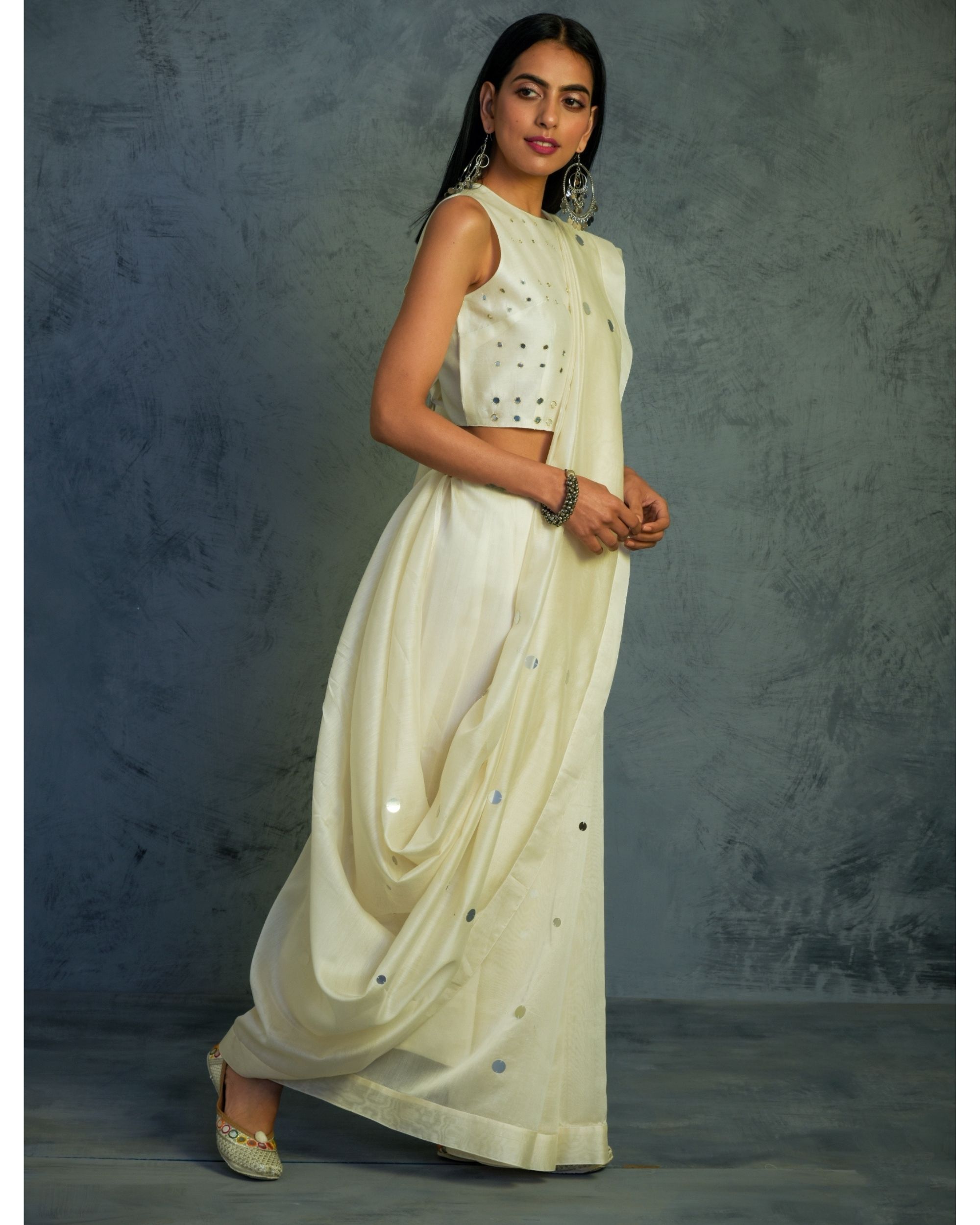 Off white hand embroidered paneled dress by D'ART STUDIO | The Secret Label