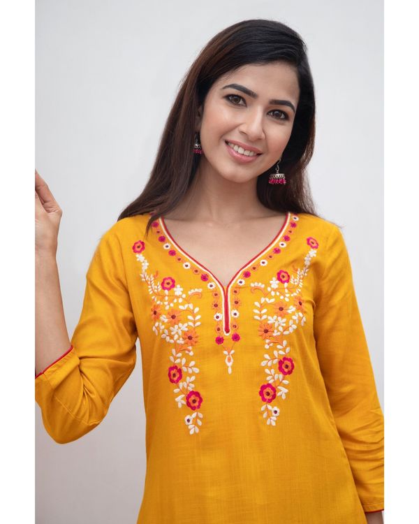 Mustard yellow floral embroidered kurta 1