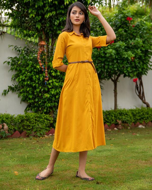Mustard yellow button down dress with belt - Set Of Two by Studio Misri ...