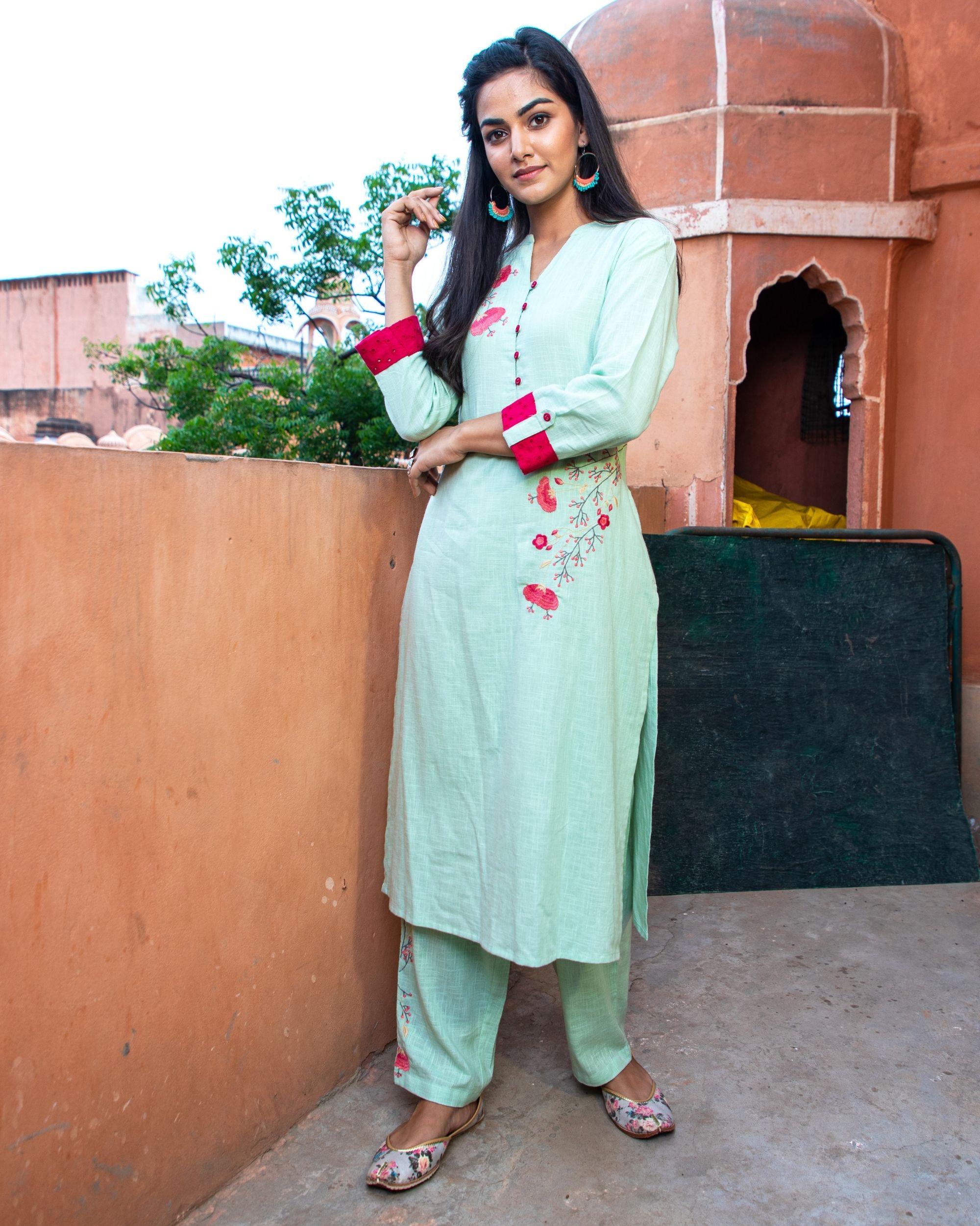 Pista green floral embroidered kurta and pants - Set Of Two by Studio ...