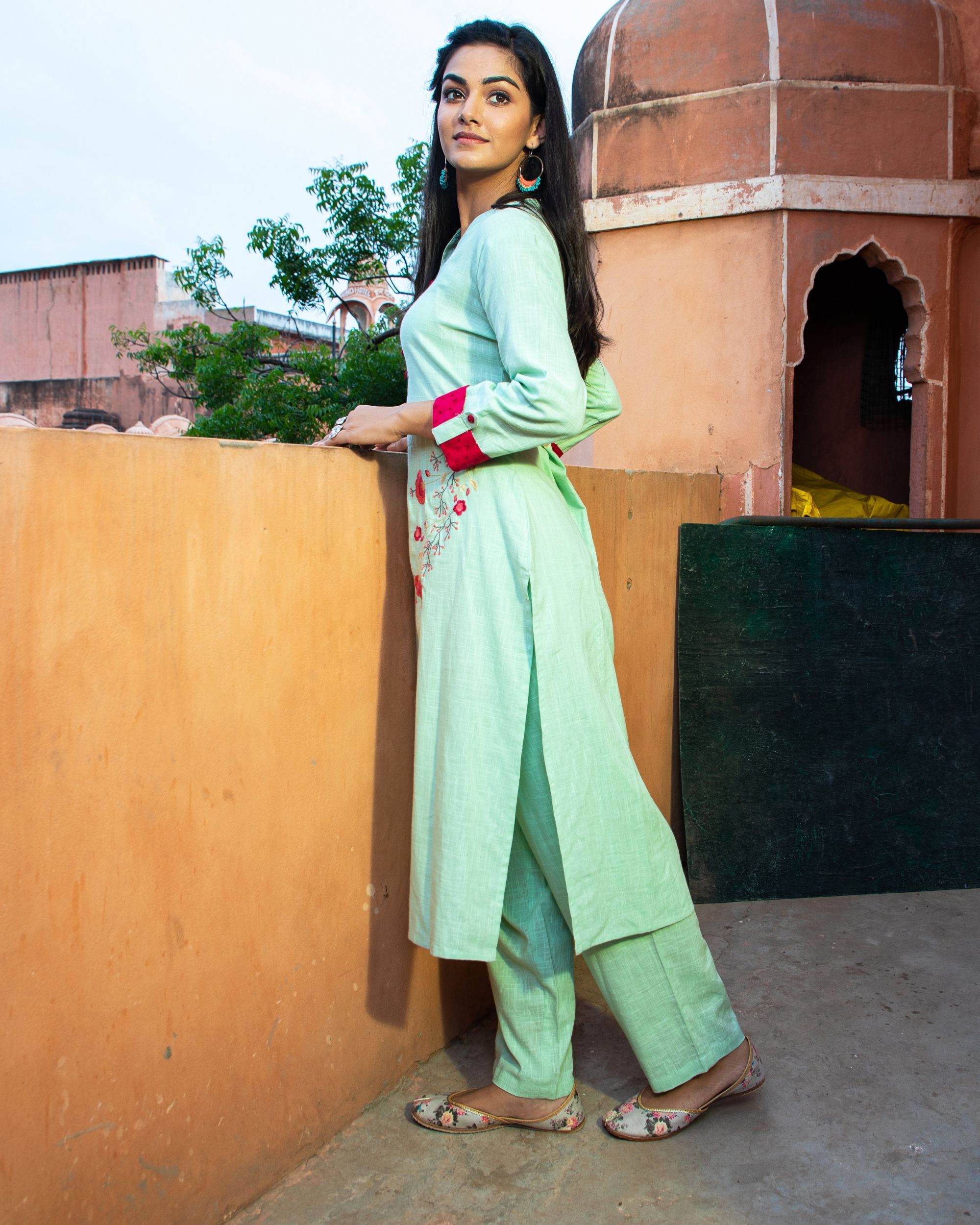 Pista green floral embroidered kurta and pants - Set Of Two by Studio ...