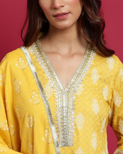 Mellow yellow printed crop top and flared palazzo with jacket - Set Of  Three by Rivaaj