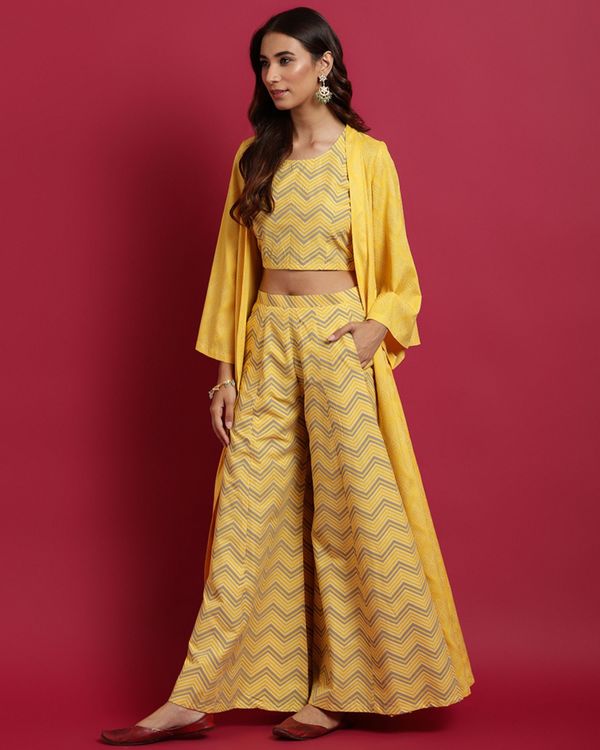 Mellow Yellow Printed Crop Top And Flared Palazzo With Jacket Set Of