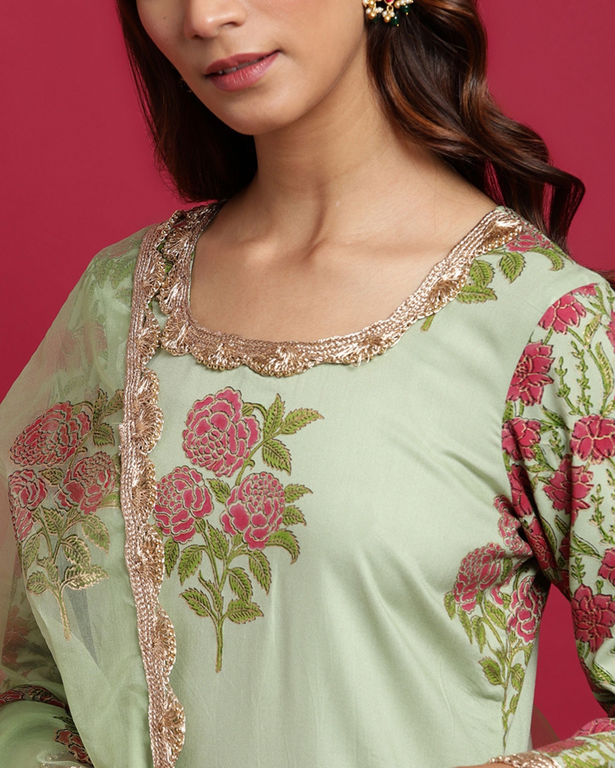 Pista Green Floral Block Printed Kurta And Gharara With Dupatta Set Of Three By Rivaaj The 1121