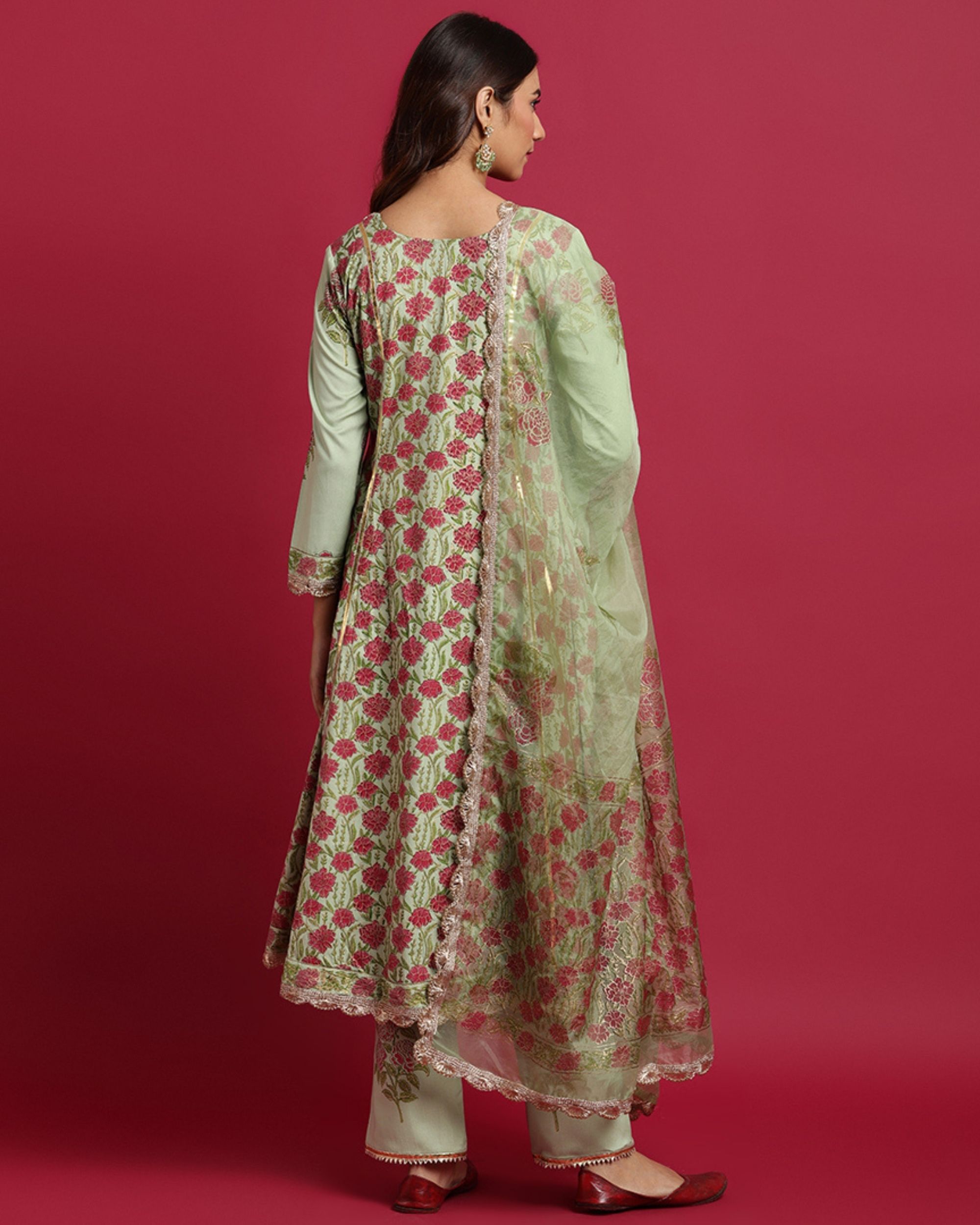 Pista green floral printed anarkali kurta and pants with dupatta - Set ...