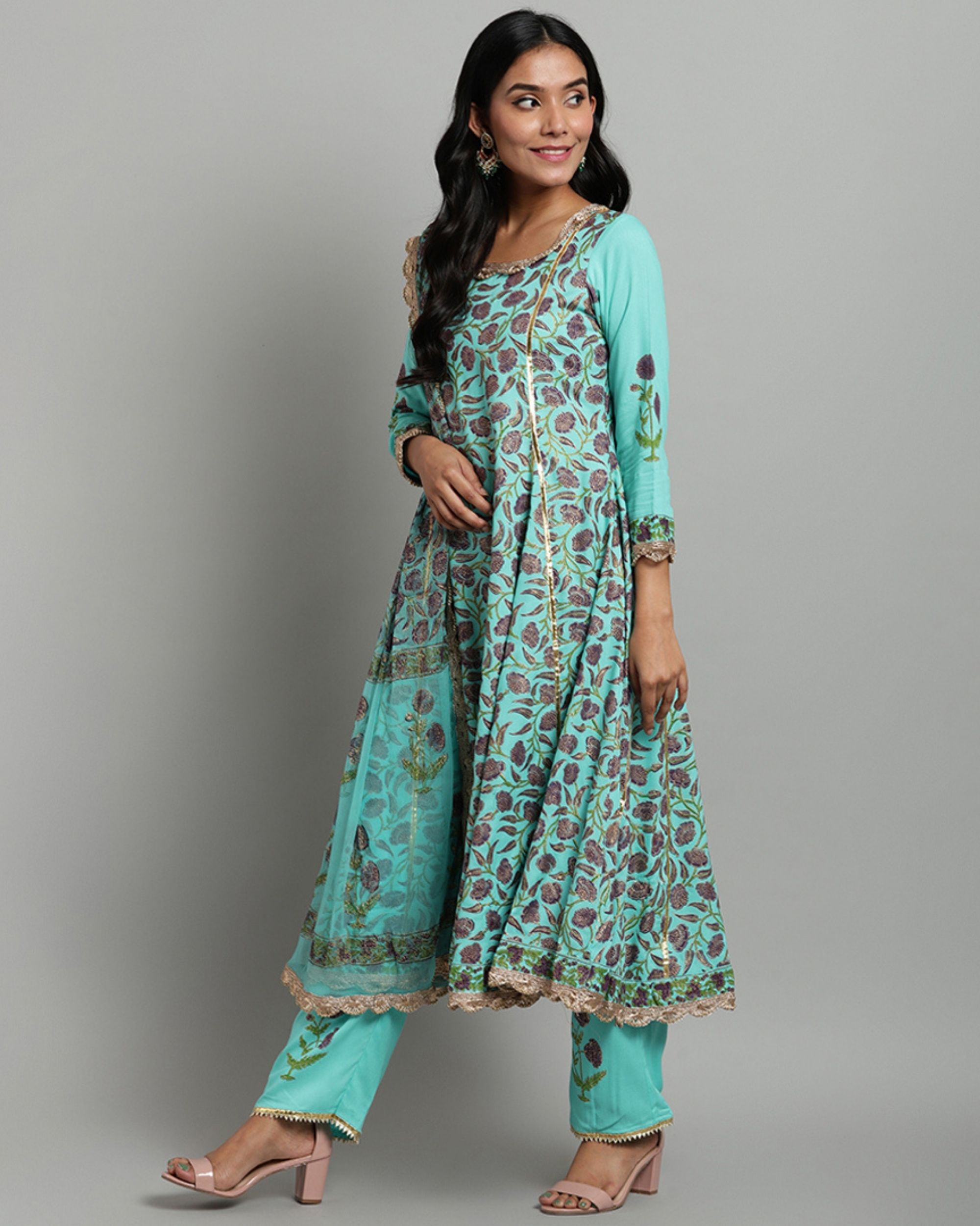 Turquoise floral printed anarkali kurta and pants with dupatta Set Of Three by Rivaaj The