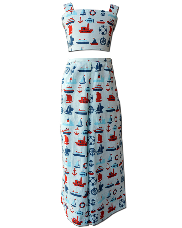 Light blue ship printed crop top and palazzo with red ruffled shrug - Set Of Three 2