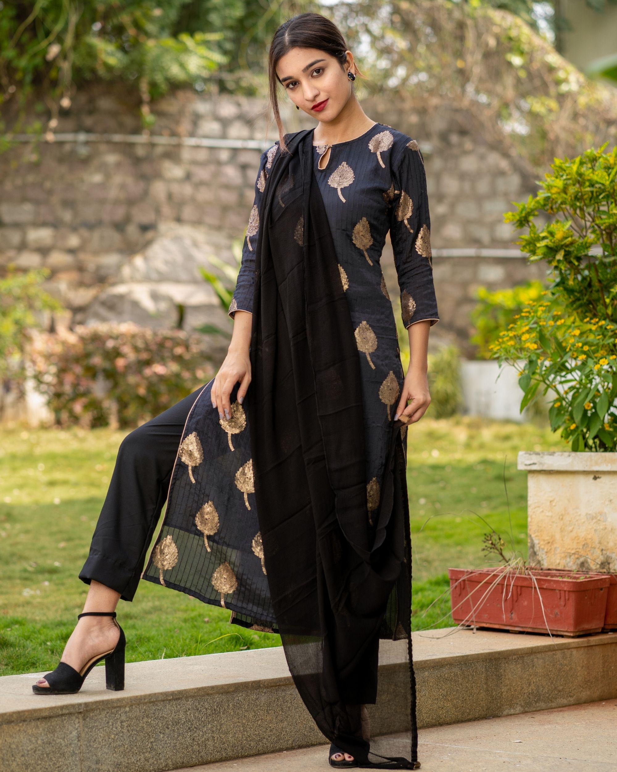 Ash grey sequined kurta with black pants and dupatta - Set Of Three by ...