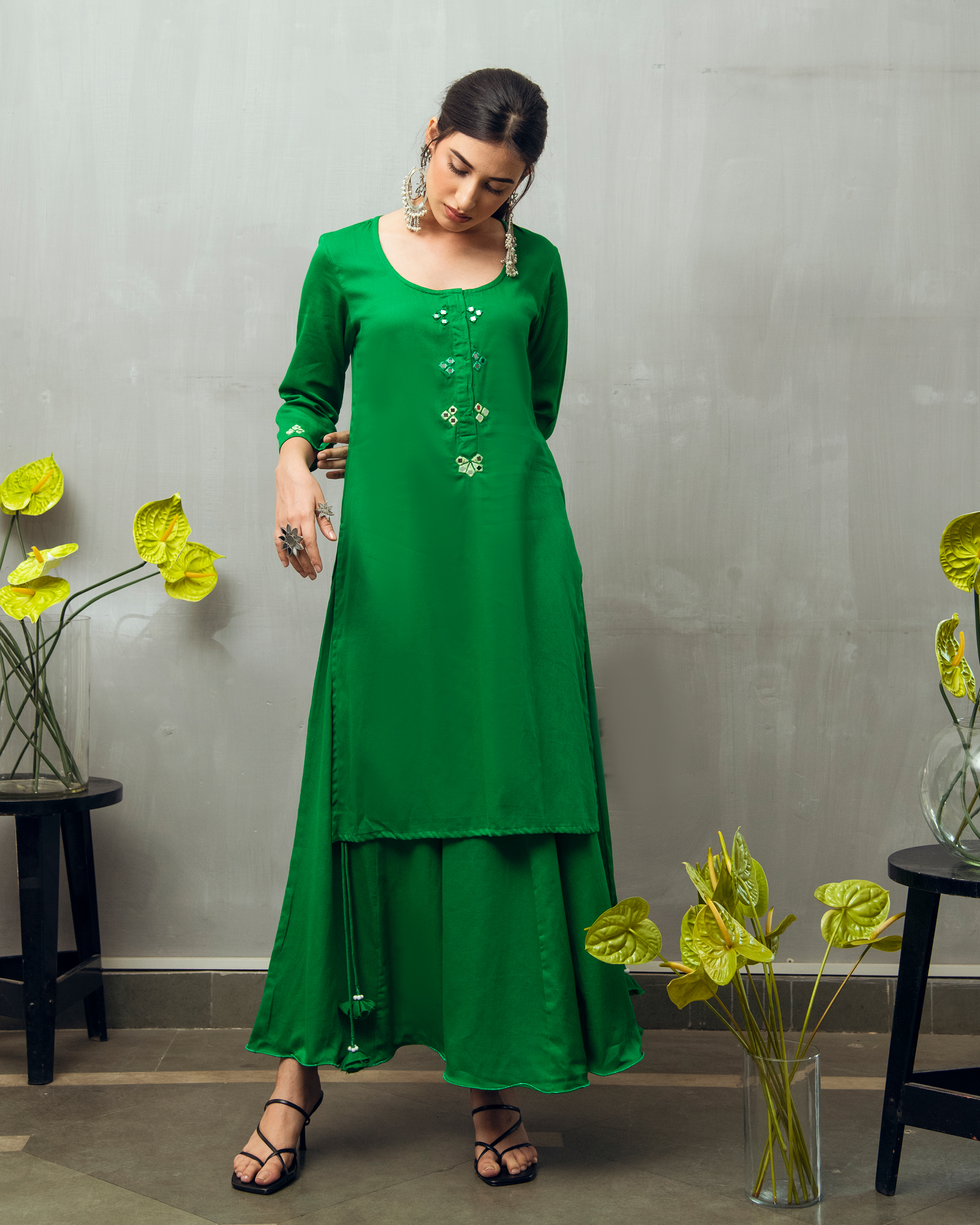 Emerald green mirror embroidered kurta and paneled skirt and dupatta ...