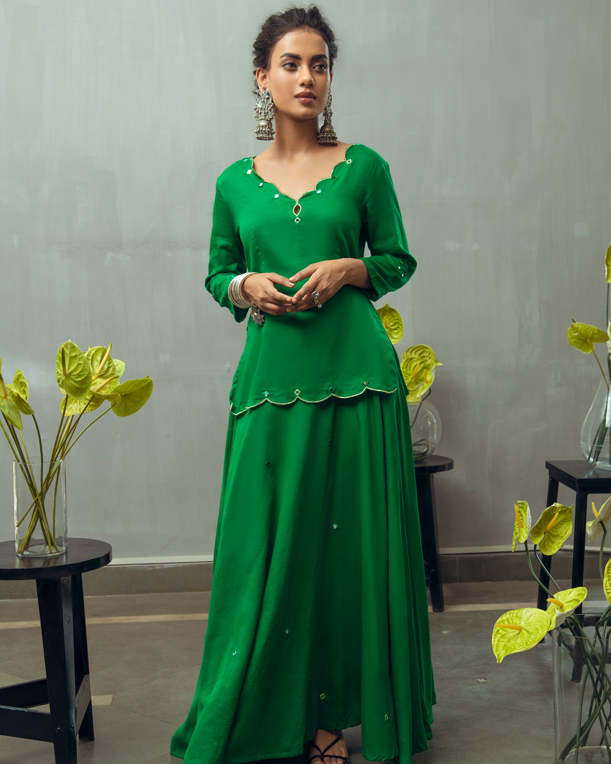 Emerald green mirror work scalloped top and lehenga - Set Of Two by ...