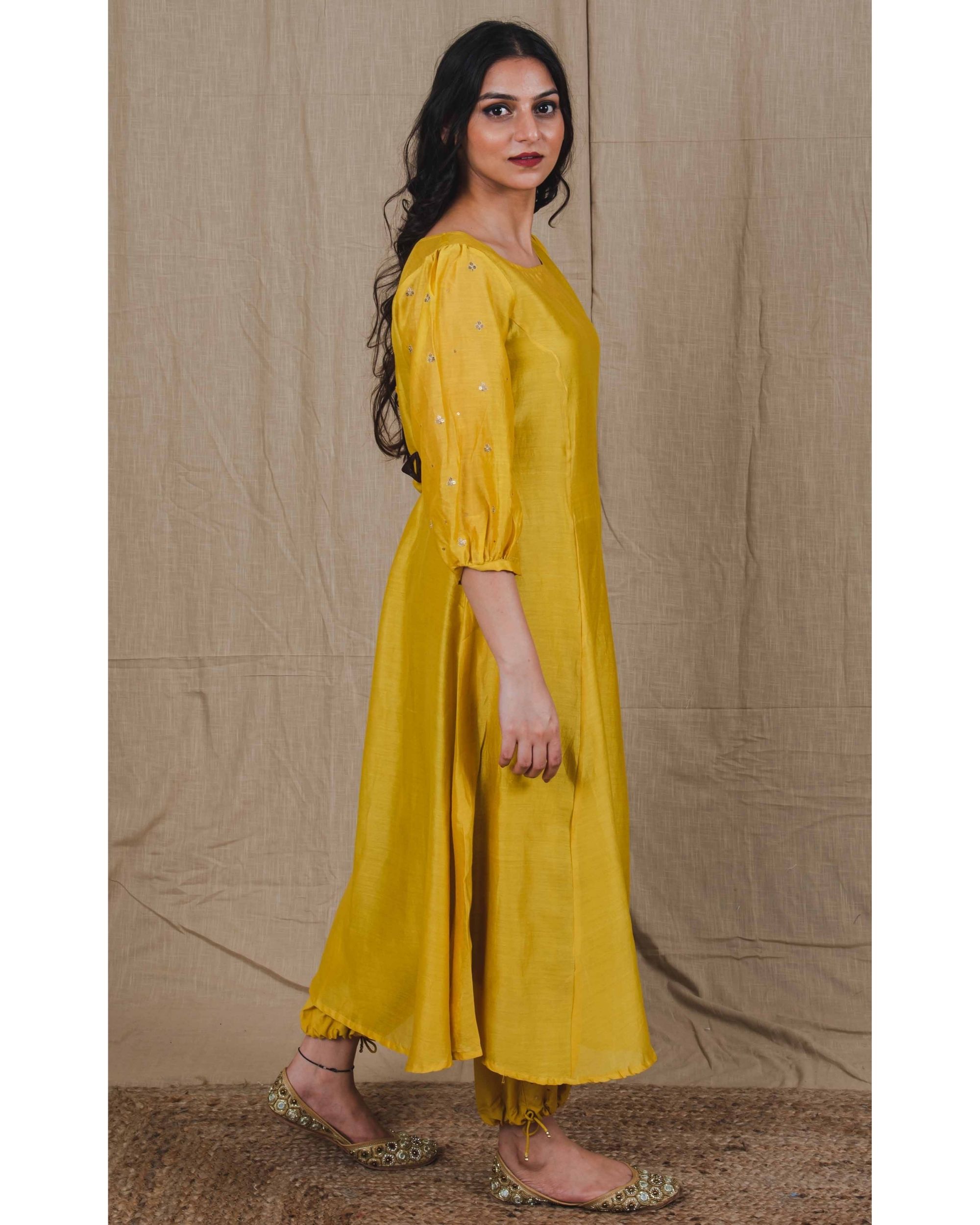 Mustard yellow sequin embroidered puffed sleeve kurta by Vintage Loom