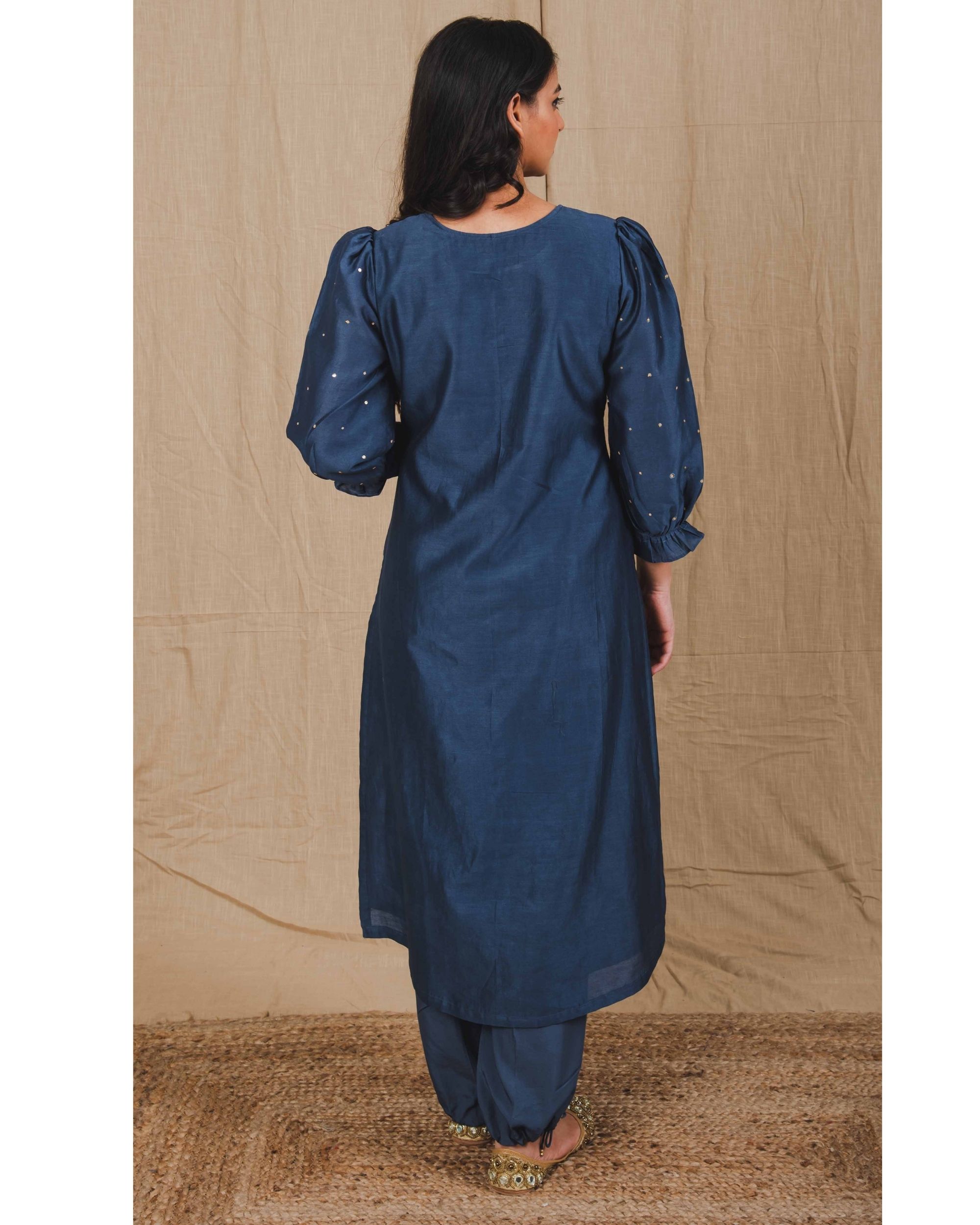 Blue sequin embroidered puffed sleeve kurta by Vintage Loom The