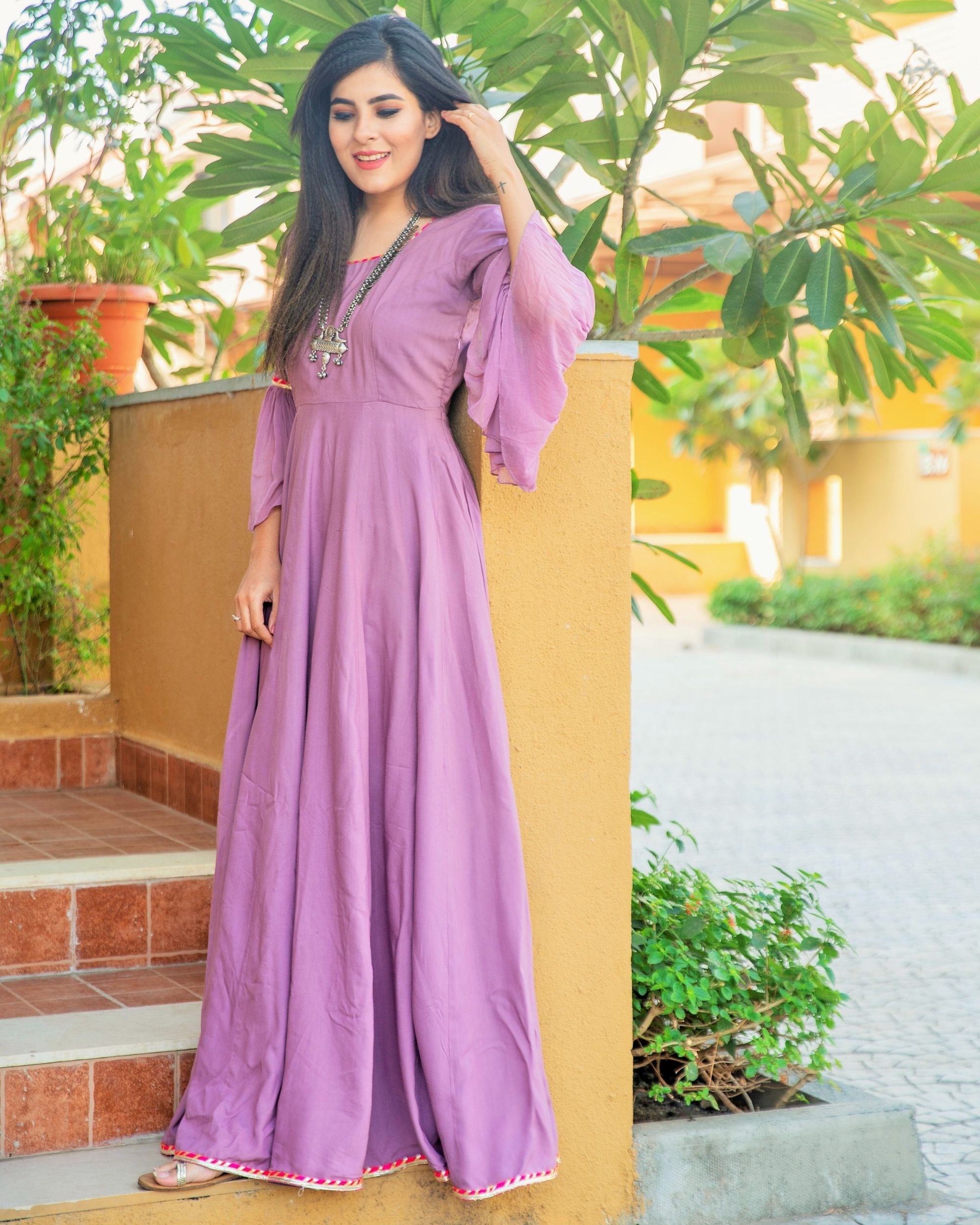 Lavender flared ruffled dress by Shreetatvam | The Secret Label