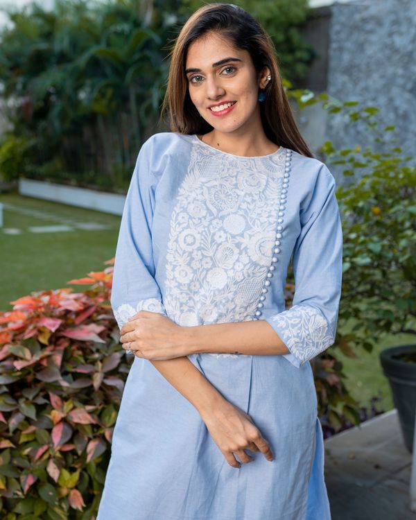 Powder blue floral embroidered kurta and pants - Set Of Two by Desi ...