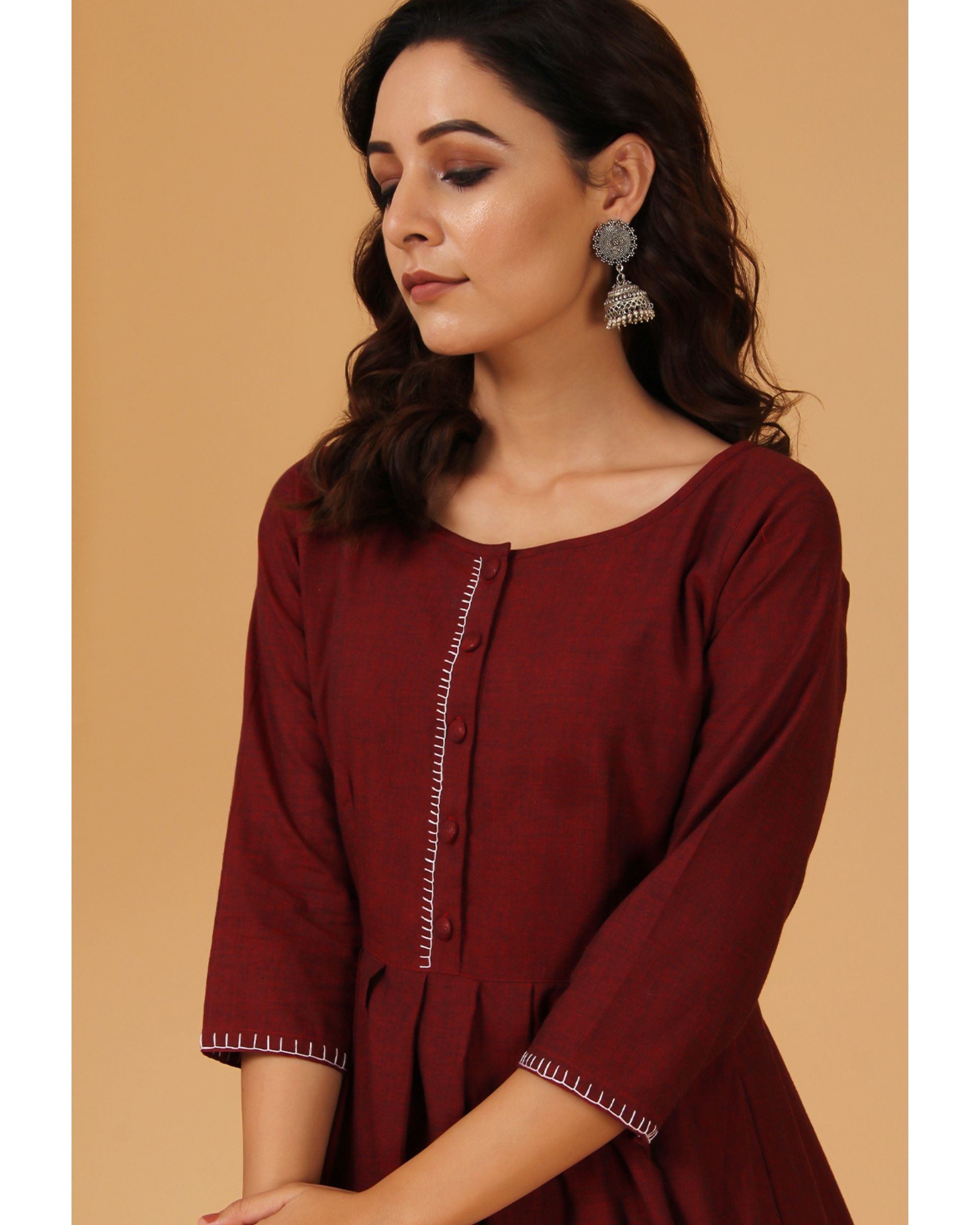 Maroon pleated scalloped dress by The Cotton Staple | The Secret Label