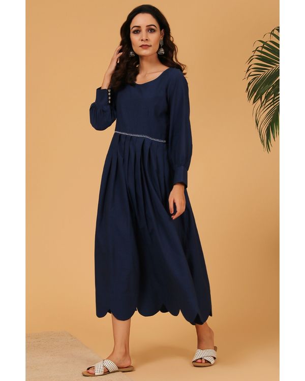 Navy blue pleated scalloped dress 2